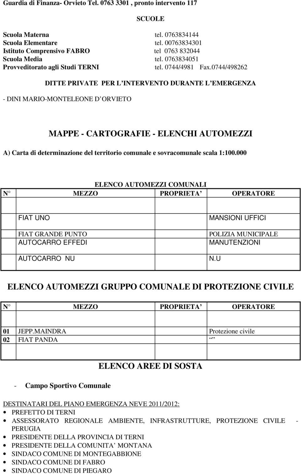 0744/498262 DITTE PRIVATE PER L INTERVENTO DURANTE L EMERGENZA - DINI MARIO-MONTELEONE D ORVIETO MAPPE - CARTOGRAFIE - ELENCHI AUTOMEZZI A) Carta di determinazione del territorio comunale e