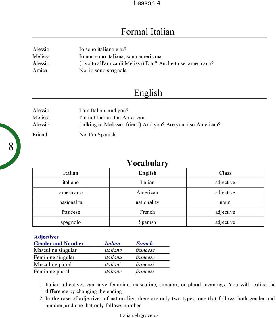 Vocabulary Italian English Class italiano Italian adjective americano American adjective nazionalità nationality noun francese French adjective spagnolo Spanish adjective Adjectives Gender and Number