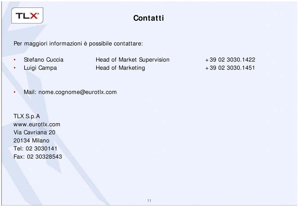 1422 Luigi Campa Head of Marketing +39 02 3030.1451 Mail: nome.