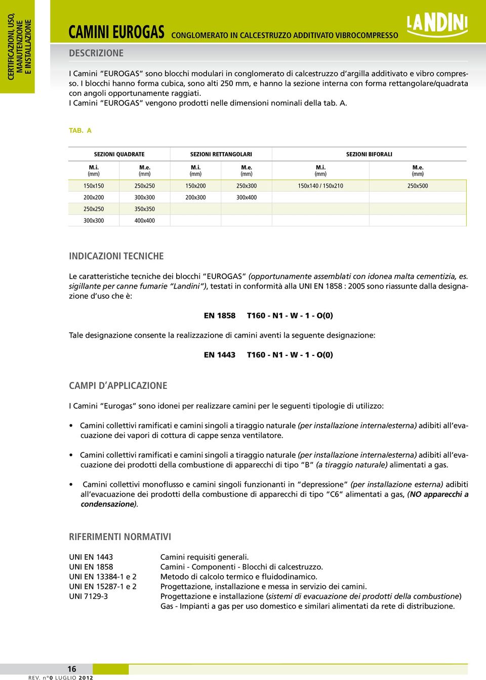 I Camini EUROGAS vengono prodotti nelle dimensioni nominali della tab. A. TAB.