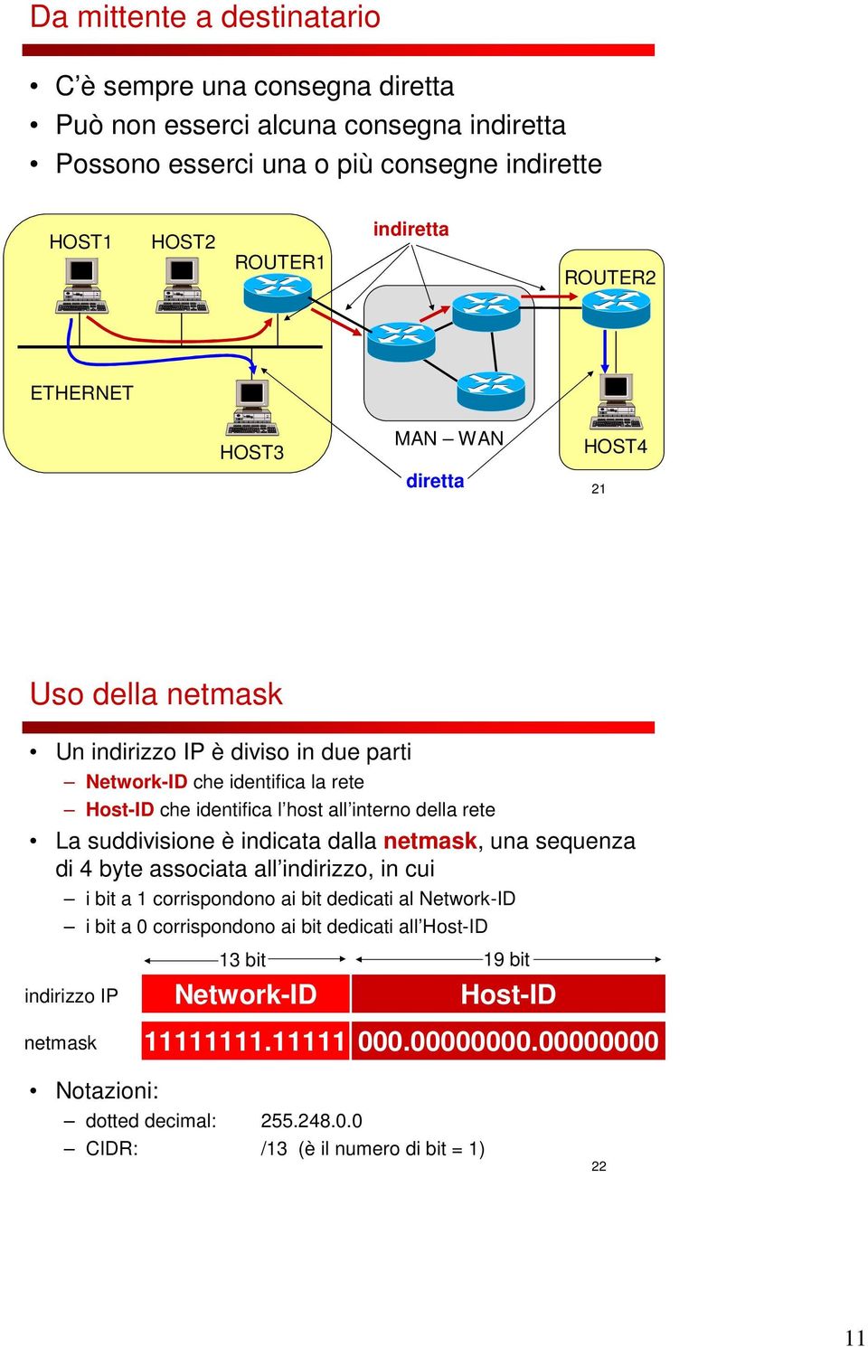 La suddivisione è indicata dalla netmask, una sequenza di 4 byte associata all indirizzo, in cui i bit a 1 corrispondono ai bit dedicati al Network-ID i bit a 0 corrispondono ai bit