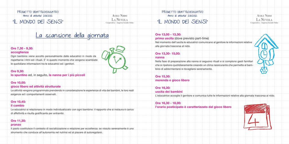 Ore 9,30: lo spuntino ed, in seguito, la nanna per i più piccoli Ore 10,00: gioco libero ed attività strutturate Le attività vengono programmate prendendo in considerazione le esperienze di vita dei