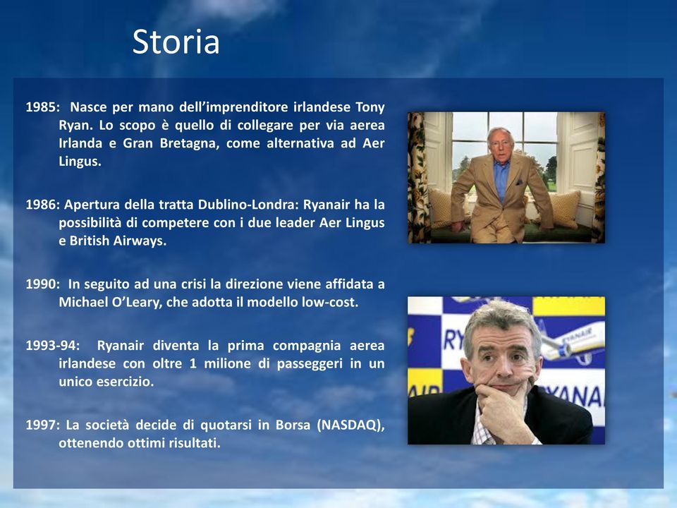 1986: Apertura della tratta Dublino-Londra: Ryanair ha la possibilità di competere con i due leader Aer Lingus e British Airways.