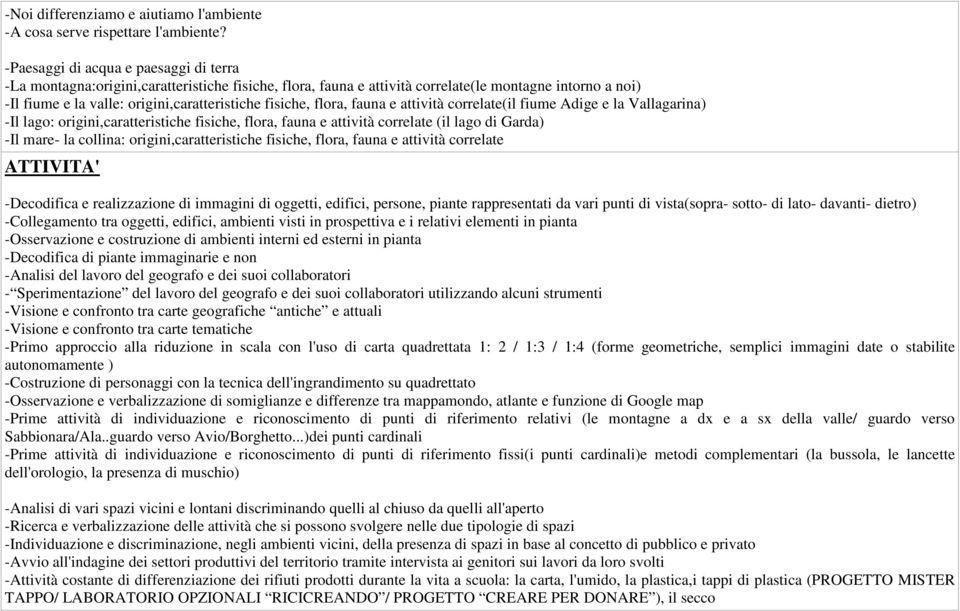 fisiche, flora, fauna e attività correlate(il fiume Adige e la Vallagarina) -Il lago: origini,caratteristiche fisiche, flora, fauna e attività correlate (il lago di Garda) -Il mare- la collina: