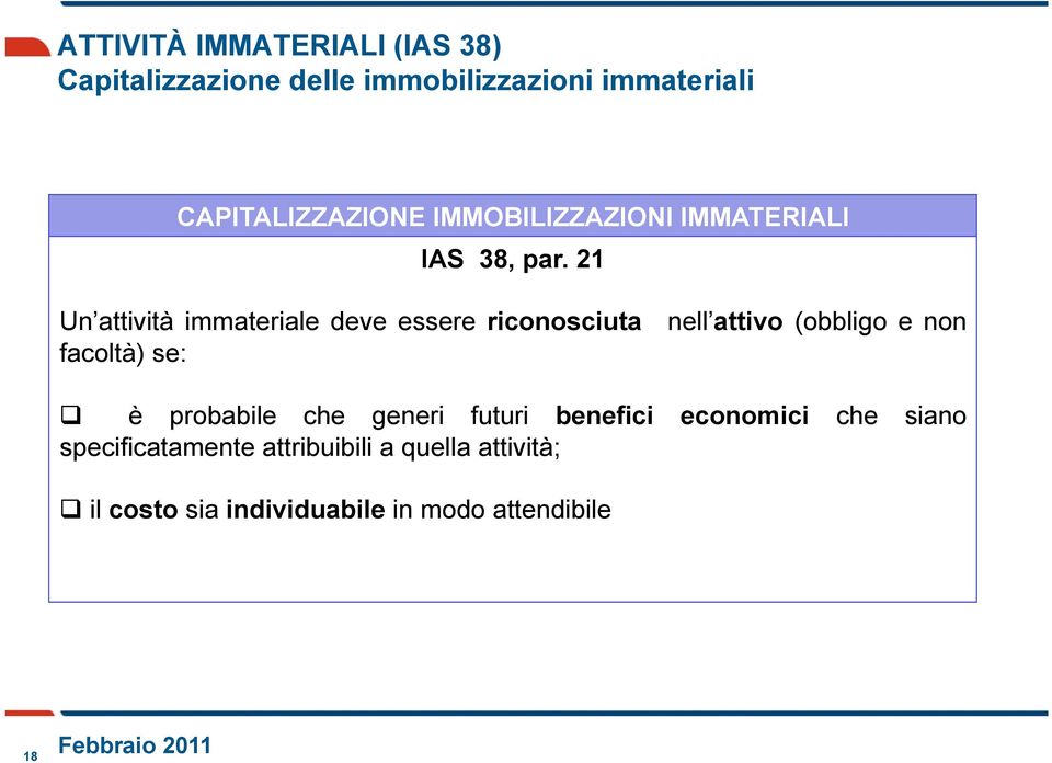 21 Un attività immateriale deve essere riconosciuta nell attivo (obbligo e non facoltà) se: è