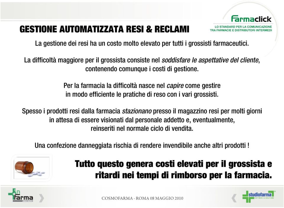 Per la farmacia la difficoltà nasce nel capire come gestire in modo efficiente le pratiche di reso con i vari grossisti.