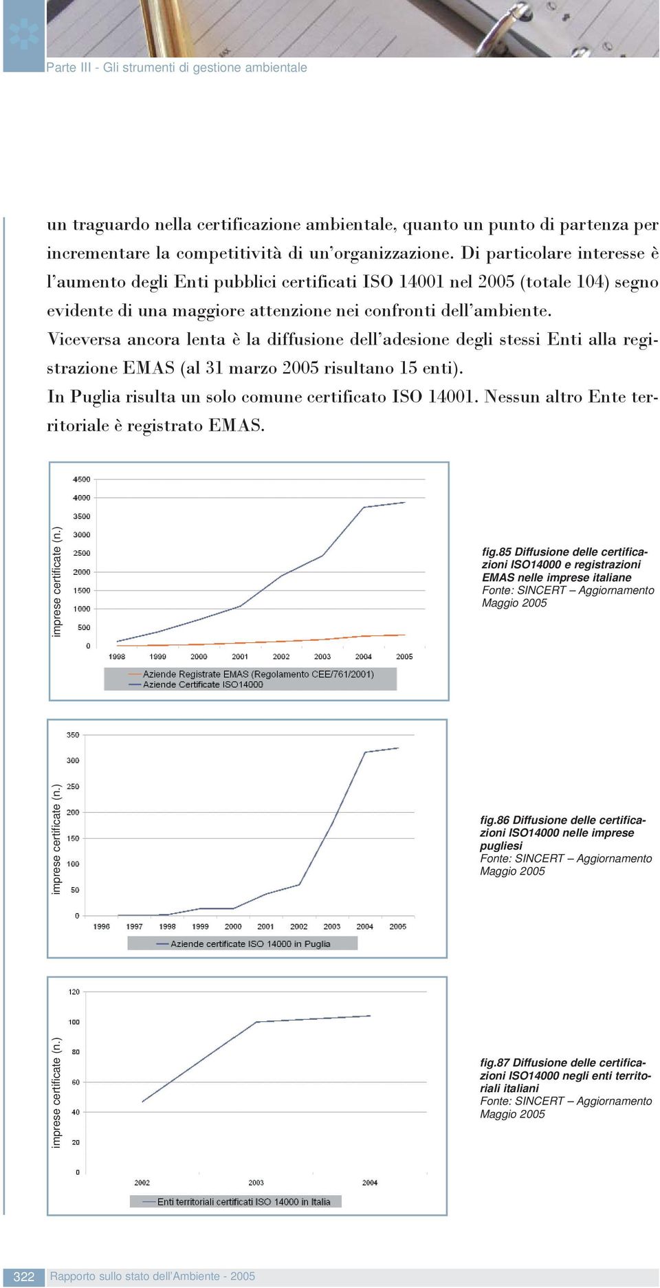 Viceversa ancora lenta è la diffusione dell adesione degli stessi Enti alla registrazione EMAS (al 31 marzo 2005 risultano 15 enti). In Puglia risulta un solo comune certificato ISO 14001.