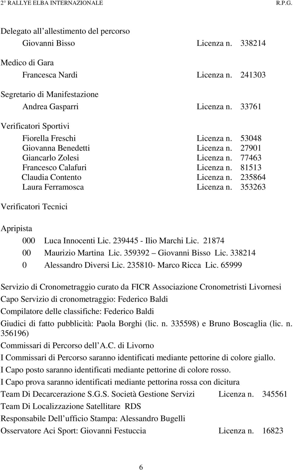 235864 Laura Ferramosca Licenza n. 353263 Verificatori Tecnici Apripista 000 Luca Innocenti Lic. 239445 - Ilio Marchi Lic. 21874 00 Maurizio Martina Lic. 359392 Giovanni Bisso Lic.