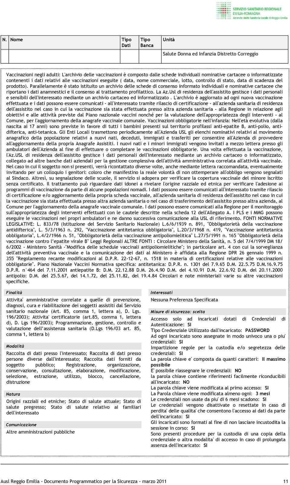 Parallelamente è stato istituito un archivio delle schede di consenso informato individuali e nominative cartacee che riportano i dati anamnestici e il consenso al trattamento profilattico. La Az.