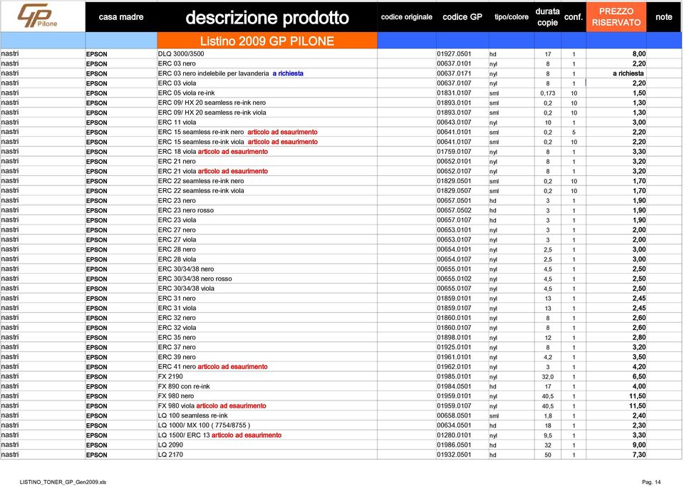 0101 sml 0,2 10 1,30 nastri EPSON ERC 09/ HX 20 seamless re-ink viola 01893.0107 sml 0,2 10 1,30 nastri EPSON ERC 11 viola 00643.