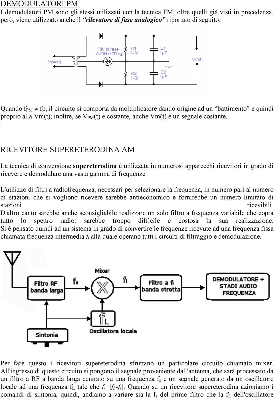 fp, il circuito si comporta da moltiplicatore dando origine ad un battimento e quindi proprio alla Vm(t); inoltre, se V PM (t) è costante, anche Vm(t) è un segnale costante.