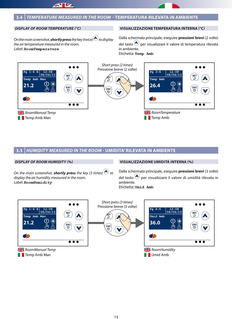 in ambiente. Etichetta: Temp Amb Short press (2 times) Pressione breve (2 volte) Pg 3-6 Temp Amb 26.4 12:08 RoomTemperature Temp Amb 3.