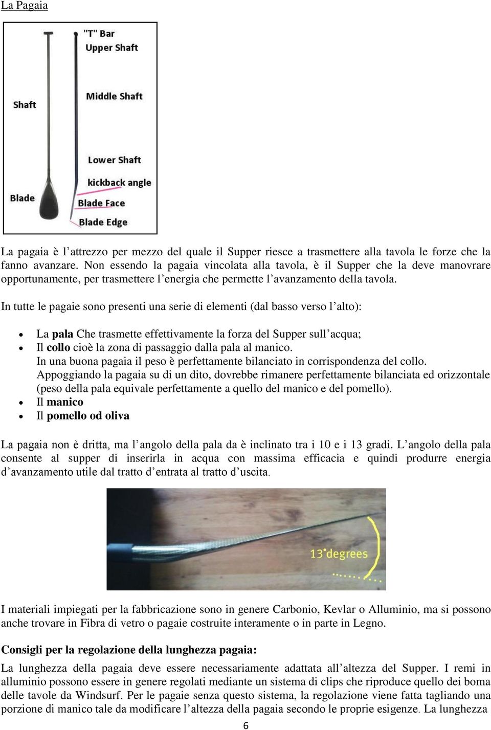 In tutte le pagaie sono presenti una serie di elementi (dal basso verso l alto): La pala Che trasmette effettivamente la forza del Supper sull acqua; Il collo cioè la zona di passaggio dalla pala al