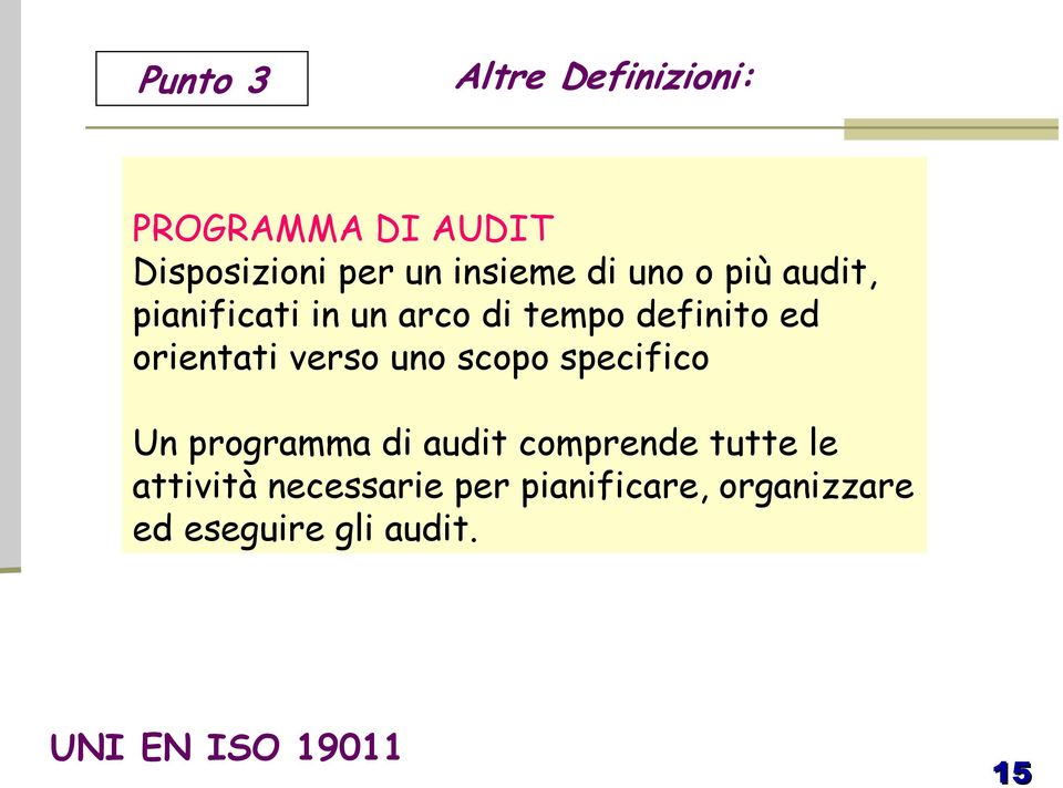 uno scopo specifico Un programma di audit comprende tutte le attività