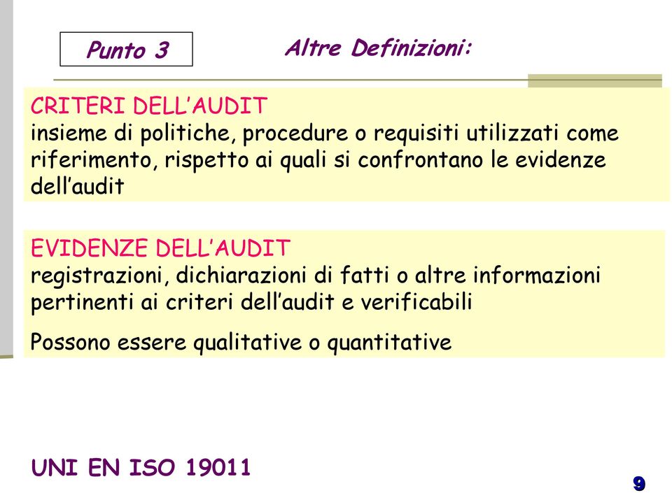 EVIDENZE DELL AUDIT registrazioni, dichiarazioni di fatti o altre informazioni pertinenti