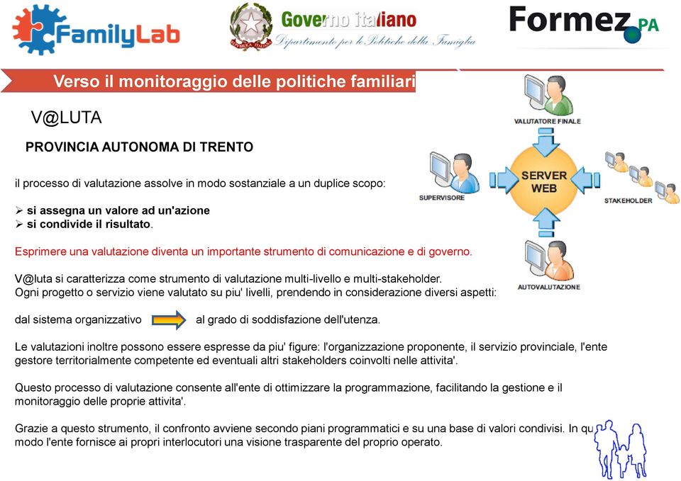 Ogni progetto o servizio viene valutato su piu' livelli, prendendo in considerazione diversi aspetti: dal sistema organizzativo al grado di soddisfazione dell'utenza.