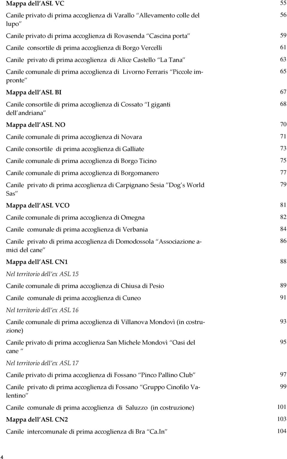 di prima accoglienza di Cossato I giganti dell andriana Mappa dell ASL NO 70 Canile comunale di prima accoglienza di Novara 71 Canile consortile di prima accoglienza di Galliate 73 Canile comunale di