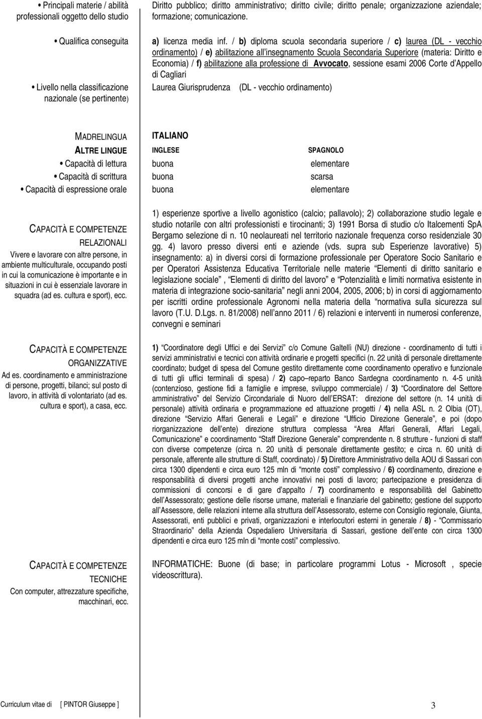 / b) diploma scuola secondaria superiore / c) laurea (DL - vecchio ordinamento) / e) abilitazione all insegnamento Scuola Secondaria Superiore (materia: Diritto e Economia) / f) abilitazione alla