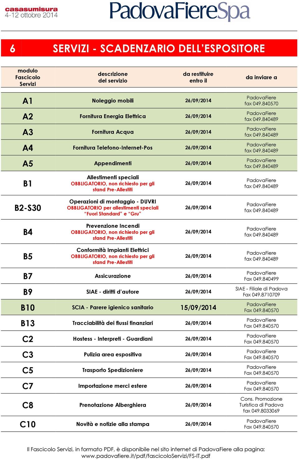 840489 fax 049.840489 fax 049.840489 B1 Allestimenti speciali OBBLIGATORIO, non richiesto per gli stand Pre-Allestiti 26/09/2014 fax 049.