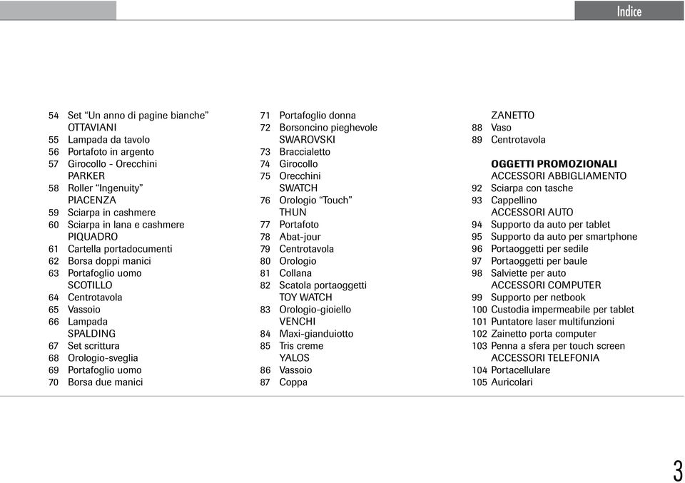 70 Borsa due manici 71 Portafoglio donna 72 Borsoncino pieghevole SWAROVSKI 73 Braccialetto 74 Girocollo 75 Orecchini SWATCH 76 Orologio Touch THUN 77 Portafoto 78 Abat-jour 79 Centrotavola 80
