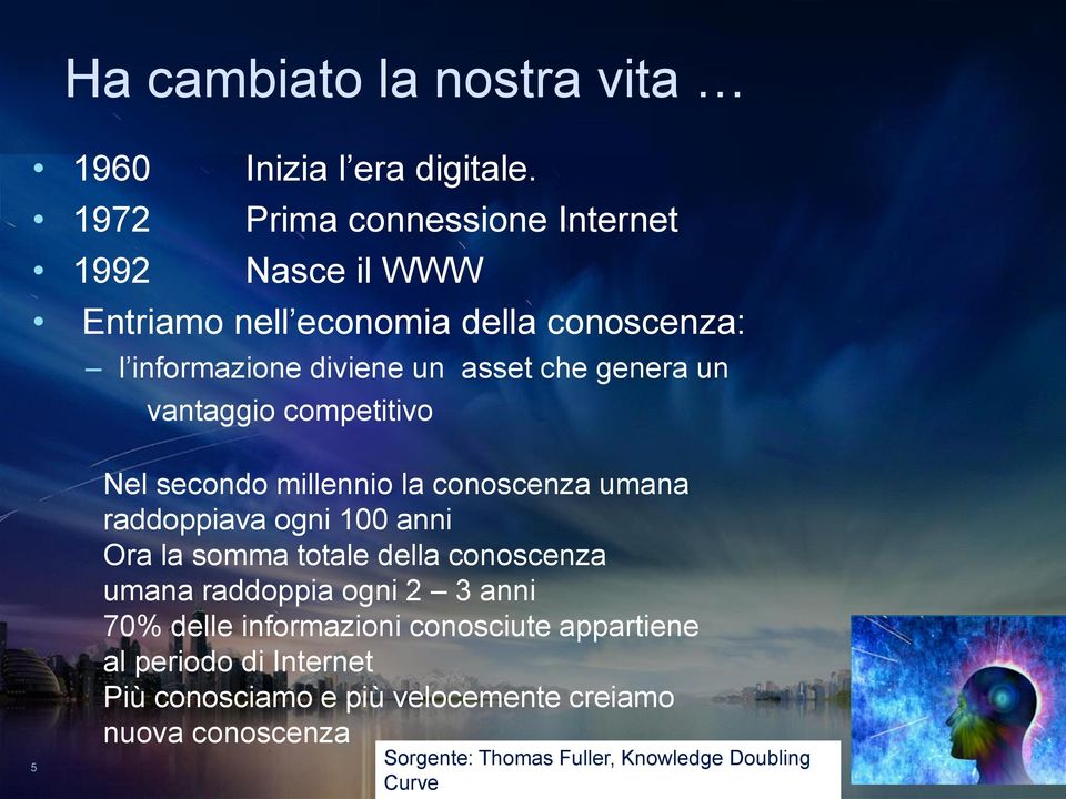 genera un vantaggio competitivo Nel secondo millennio la conoscenza umana raddoppiava ogni 100 anni Ora la somma totale della