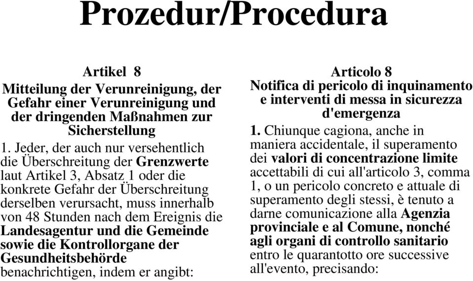 Ereignis die Landesagentur und die Gemeinde sowie die Kontrollorgane der Gesundheitsbehörde benachrichtigen, indem er angibt: Articolo 8 Notifica di pericolo di inquinamento e interventi di messa in