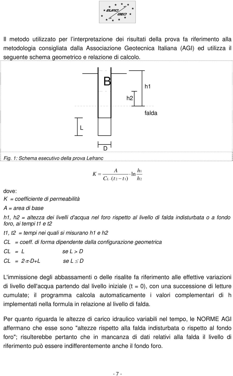 1: Schema esecutivo della prova Lefranc A h K = CL ( t t ) ln 2 1 h dove: K = coefficiente di permeabilità A = area di base h1, h2 = altezza dei livelli d'acqua nel foro rispetto al livello di falda