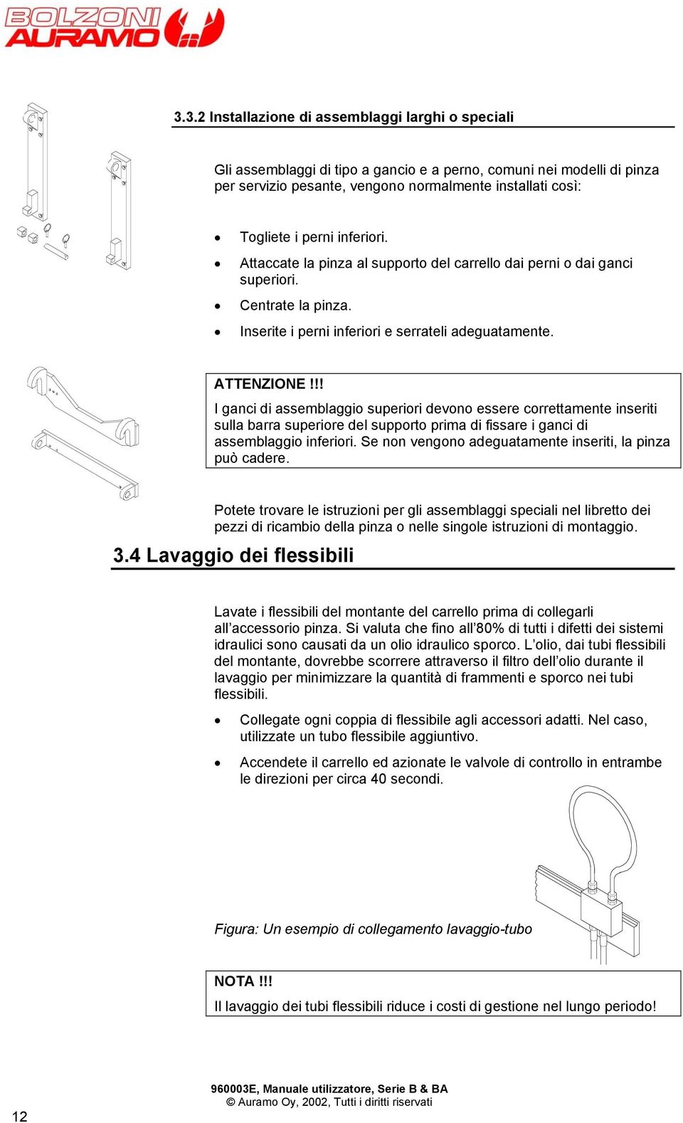 I ganci di assemblaggio superiori devono essere correttamente inseriti sulla barra superiore del supporto prima di fissare i ganci di assemblaggio inferiori.