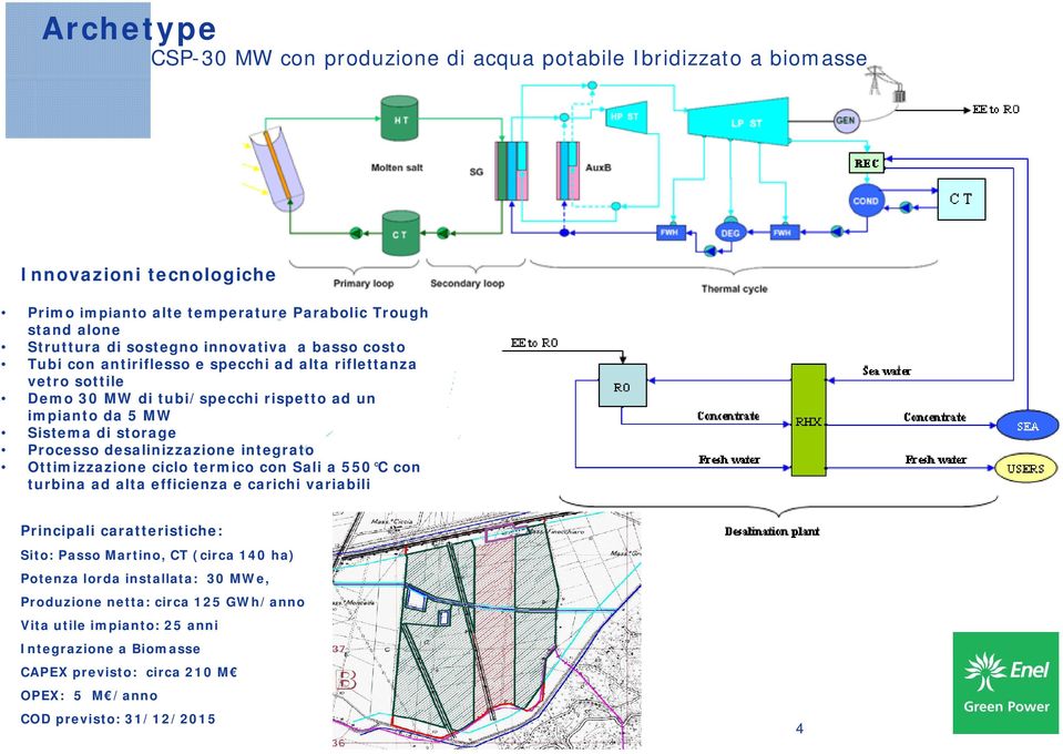 desalinizzazione integrato Ottimizzazione i i ciclo termico con Sali a 550 C con turbina ad alta efficienza e carichi variabili Principali caratteristiche: Sito: Passo Martino, CT (circa