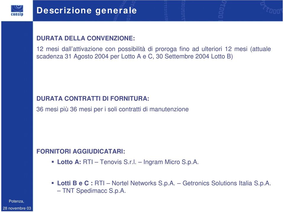 FORNITURA: 36 mesi più 36 mesi per i soli contratti di manutenzione FORNITORI AGGIUDICATARI: Lotto A: RTI Tenovis