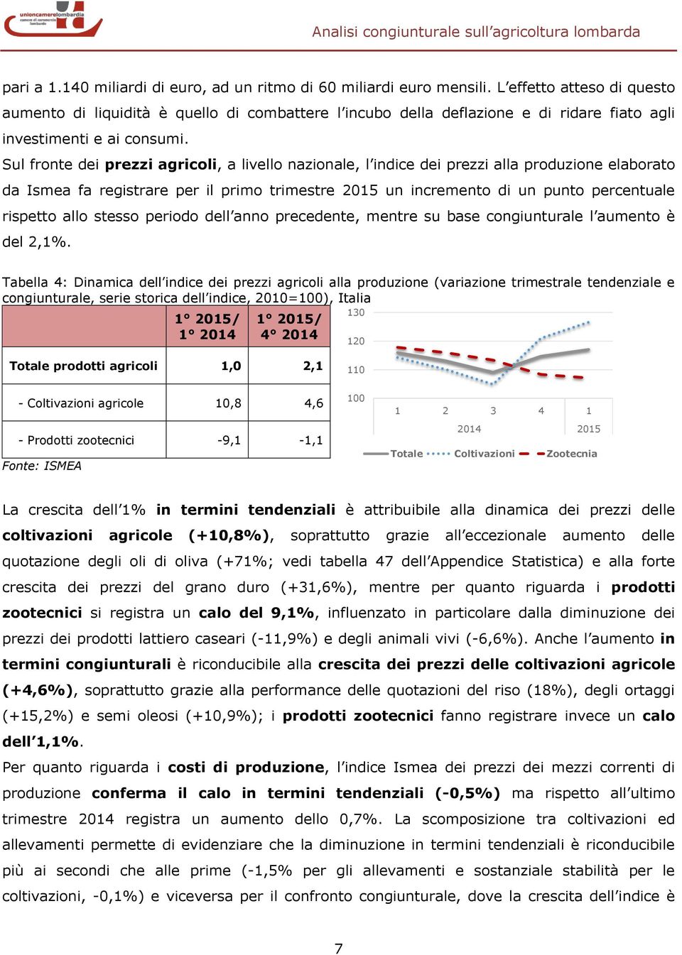 Sul fronte dei prezzi agricoli, a livello nazionale, l indice dei prezzi alla produzione elaborato da Ismea fa registrare per il primo trimestre 2015 un incremento di un punto percentuale rispetto