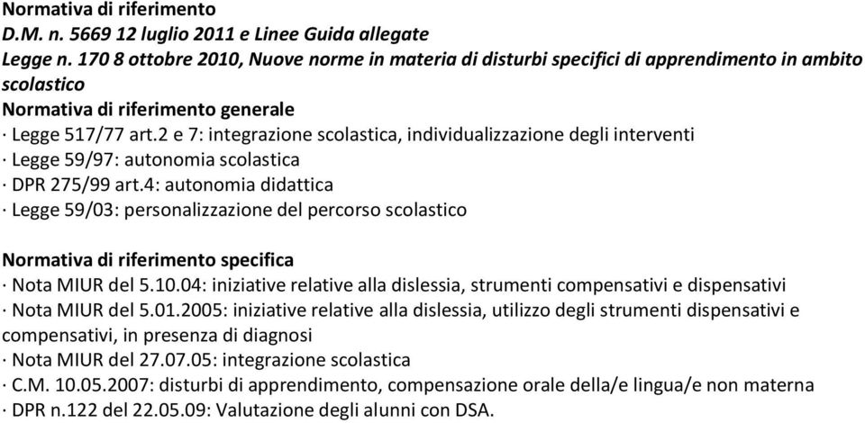 2 e 7: integrazione scolastica, individualizzazione degli interventi Legge 59/97: autonomia scolastica DPR 275/99 art.