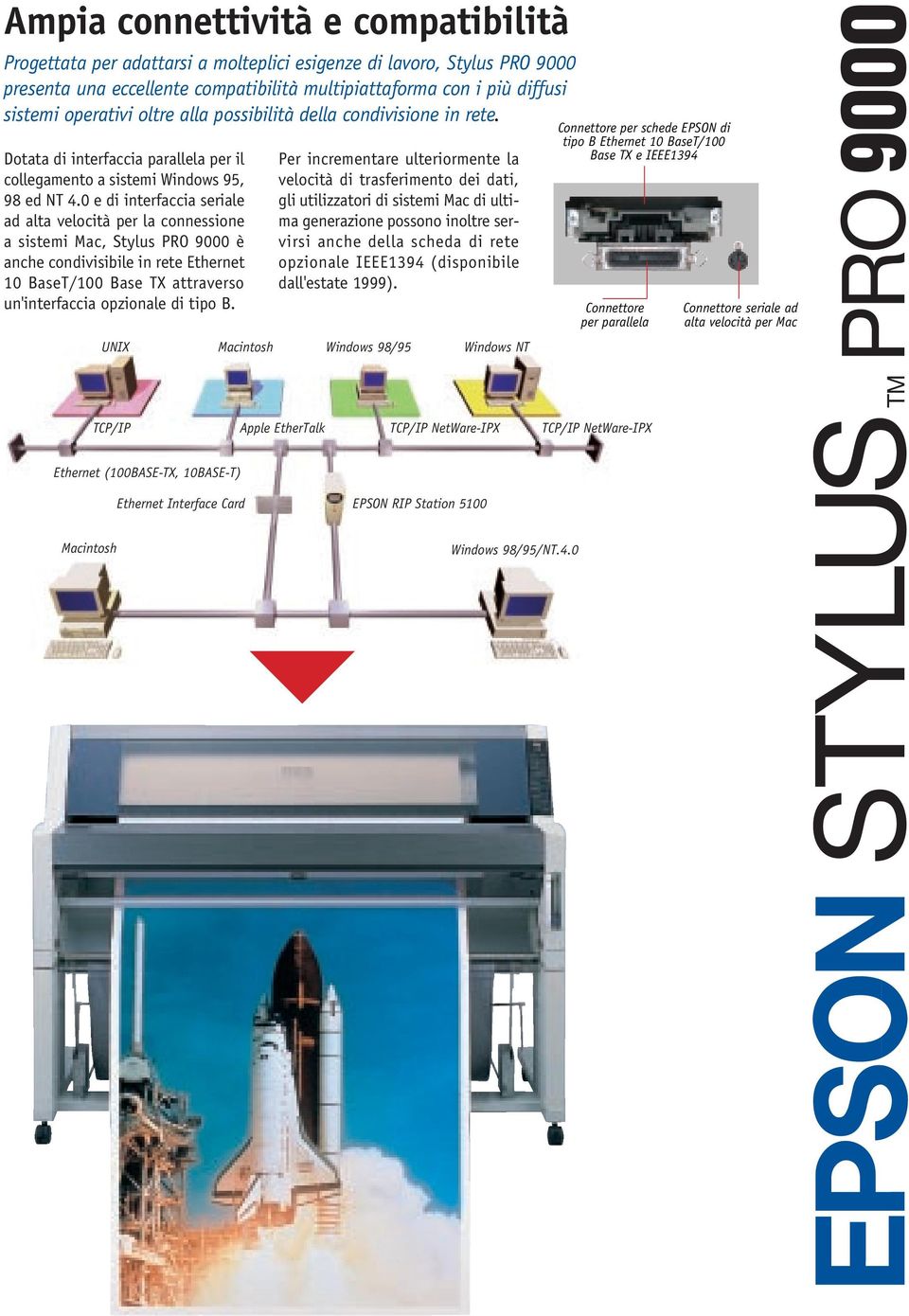 0 e di interfaccia seriale ad alta velocità per la connessione a sistemi Mac, Stylus PRO 9000 è anche condivisibile in rete Ethernet 10 BaseT/100 Base TX attraverso un'interfaccia opzionale di tipo B.