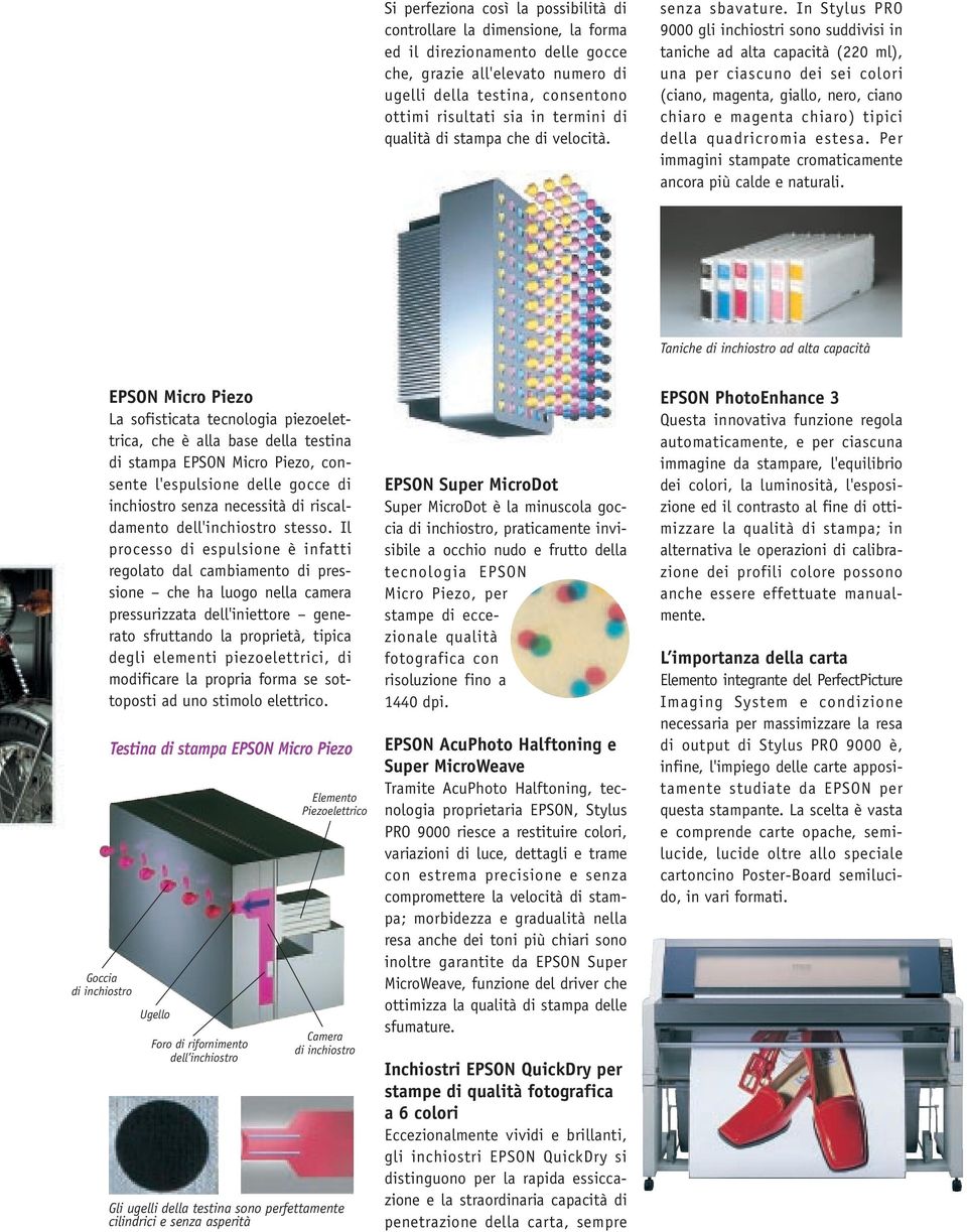 In Stylus PRO 9000 gli inchiostri sono suddivisi in taniche ad alta capacità (220 ml), una per ciascuno dei sei colori (ciano, magenta, giallo, nero, ciano chiaro e magenta chiaro) tipici della