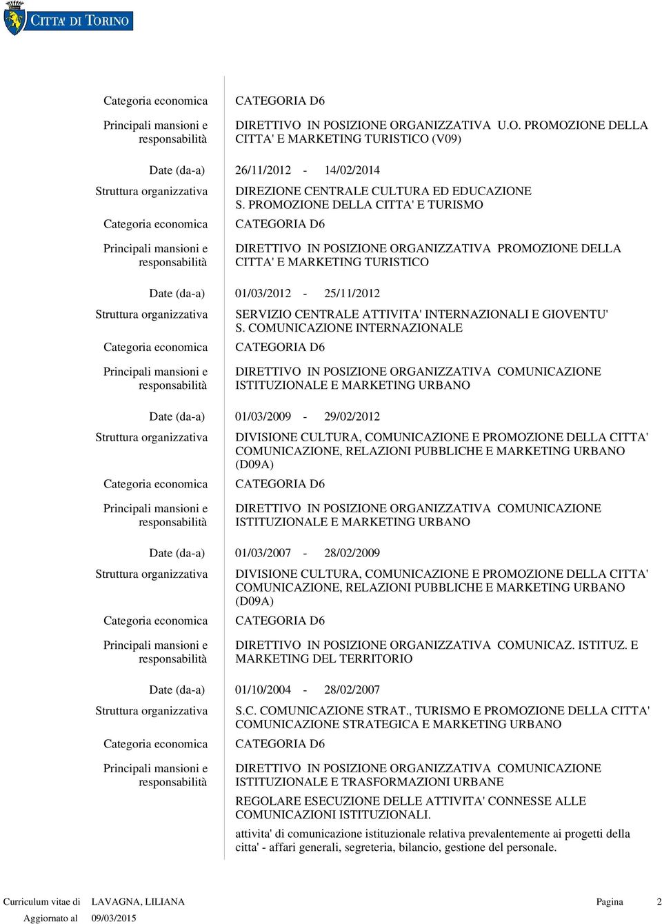 COMUNICAZIONE INTERNAZIONALE ISTITUZIONALE E MARKETING URBANO 01/03/2009 29/02/2012 DIVISIONE CULTURA, COMUNICAZIONE E PROMOZIONE DELLA CITTA' COMUNICAZIONE, RELAZIONI PUBBLICHE E MARKETING URBANO