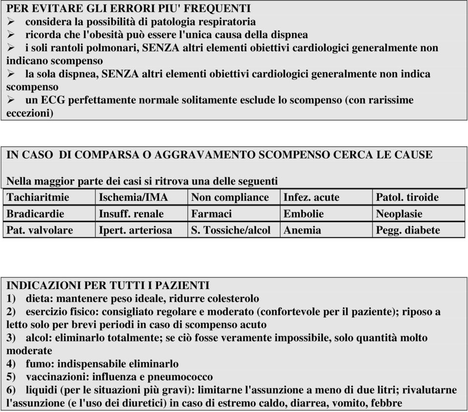 esclude lo scompenso (con rarissime eccezioni) IN CASO DI COMPARSA O AGGRAVAMENTO SCOMPENSO CERCA LE CAUSE Nella maggior parte dei casi si ritrova una delle seguenti Tachiaritmie Ischemia/IMA Non