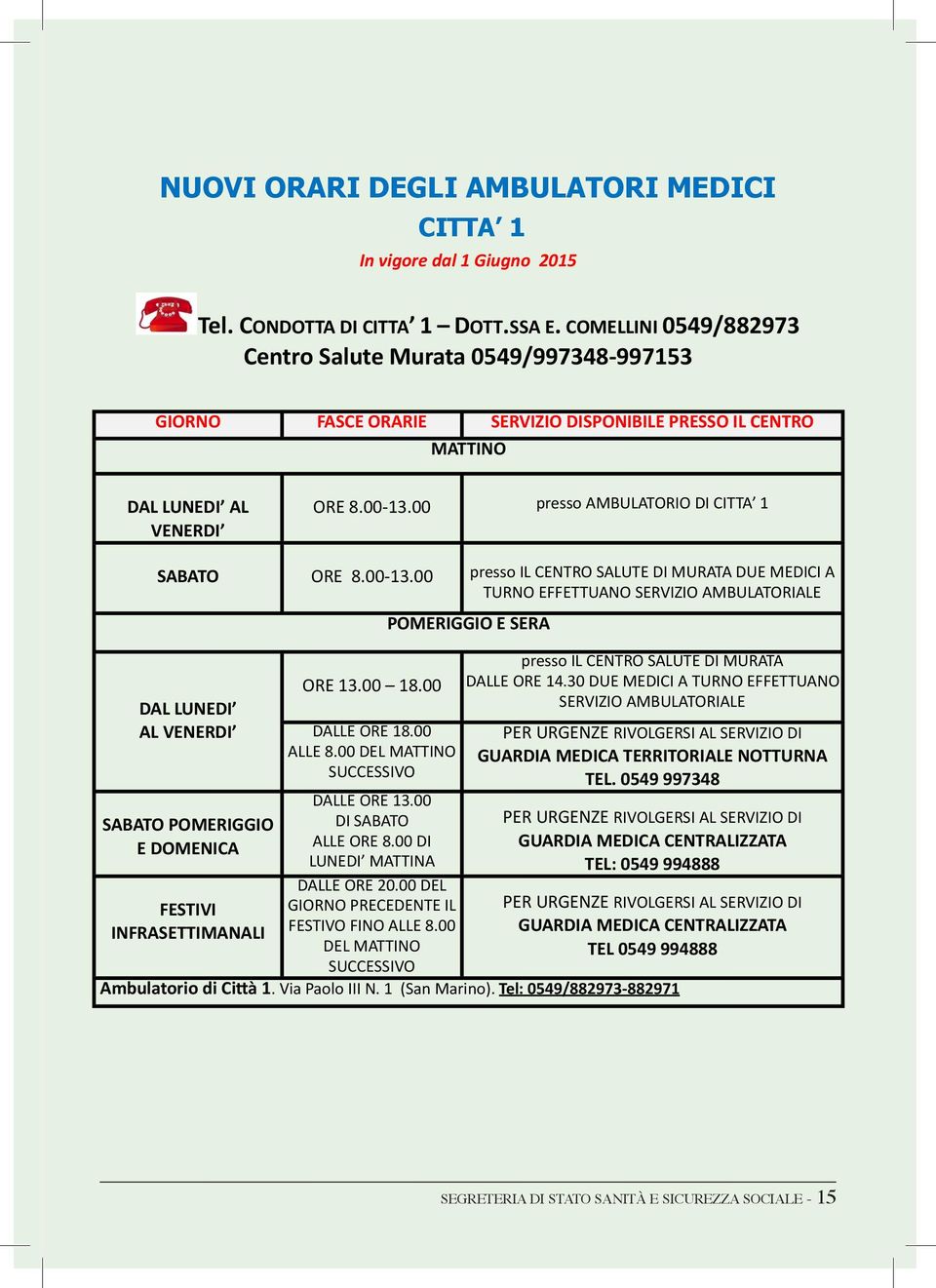 00 presso AMBULATORIO DI CITTA 1 SABATO ORE 8.00-13.00 presso IL CENTRO SALUTE DI MURATA DUE MEDICI A TURNO EFFETTUANO SERVIZIO AMBULATORIALE ORE 13.00 18.00 DAL LUNEDI AL VENERDI DALLE ORE 18.