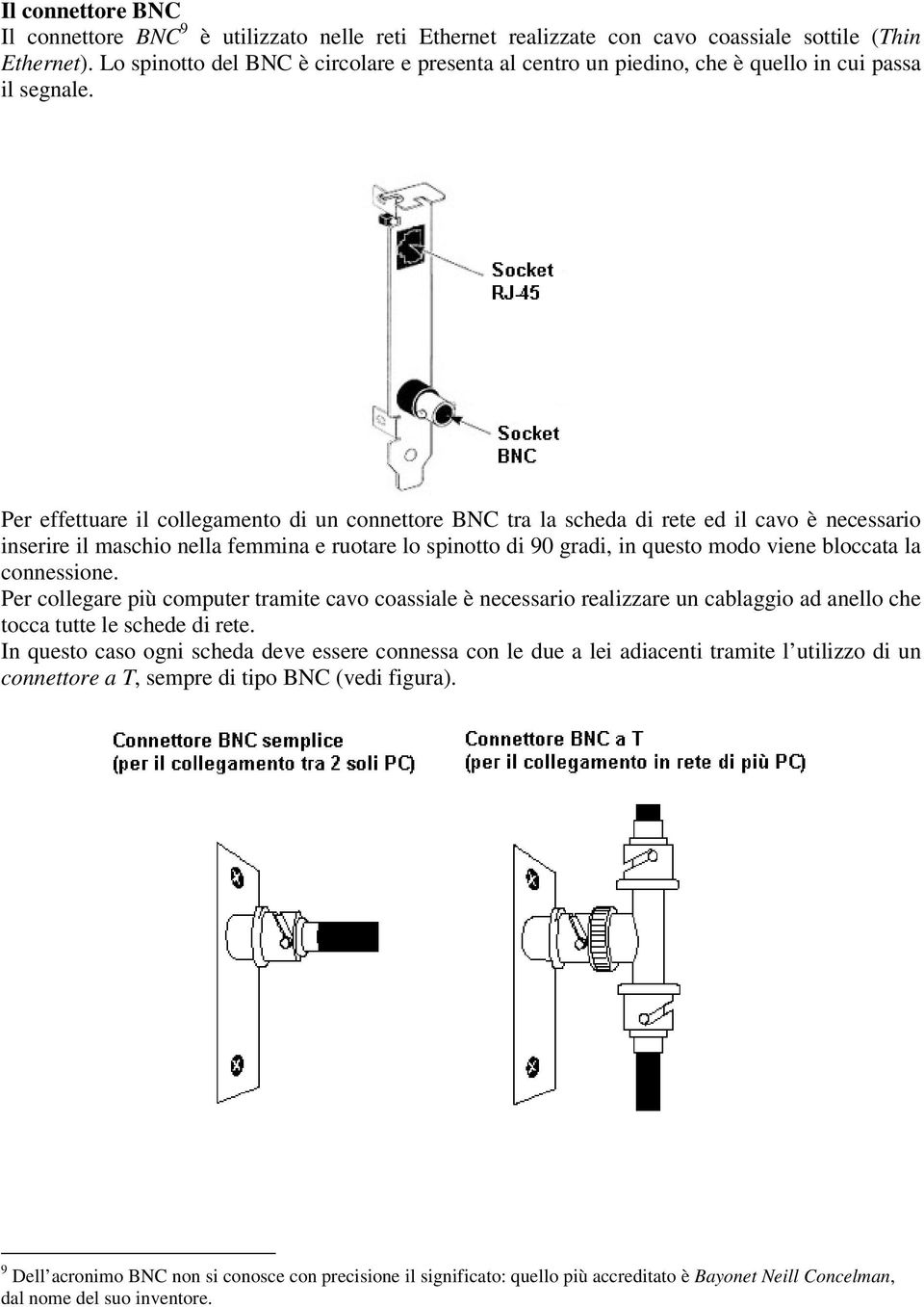 Per effettuare il collegamento di un connettore BNC tra la scheda di rete ed il cavo è necessario inserire il maschio nella femmina e ruotare lo spinotto di 90 gradi, in questo modo viene bloccata la