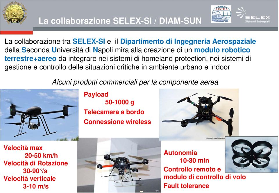 critiche in ambiente urbano e indoor Alcuni prodotti commerciali per la componente aerea Payload 50-1000 g Telecamera a bordo Connessione wireless Velocità