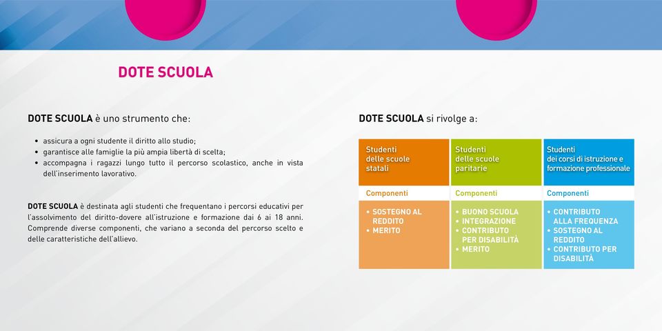 Studenti delle scuole statali Studenti delle scuole paritarie Studenti dei corsi di istruzione e formazione professionale Componenti Componenti Componenti DOTE SCUOLA è destinata agli studenti che