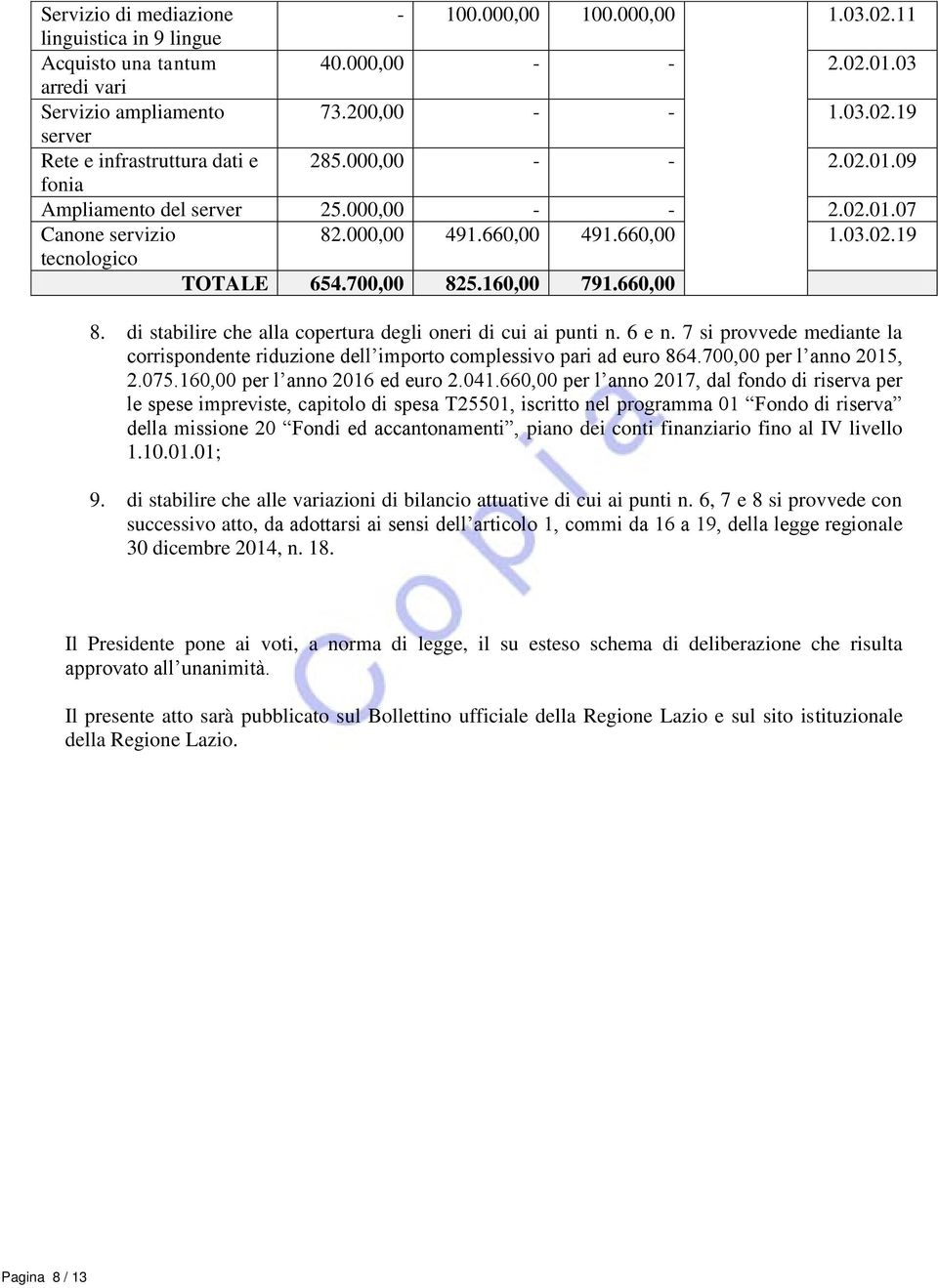 di stabilire che alla copertura degli oneri di cui ai punti n. 6 e n. 7 si provvede mediante la corrispondente riduzione dell importo complessivo pari ad euro 864.700,00 per l anno 2015, 2.075.