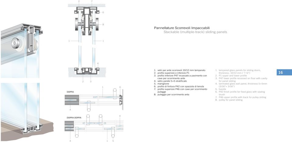 profilo superiore P con cave per scorrimento pulegge. puleggia per scorrimento anta. tempered glass panels for sliding doors, thickness: / mm (⅜ / ½ ). P upper and lower profile.