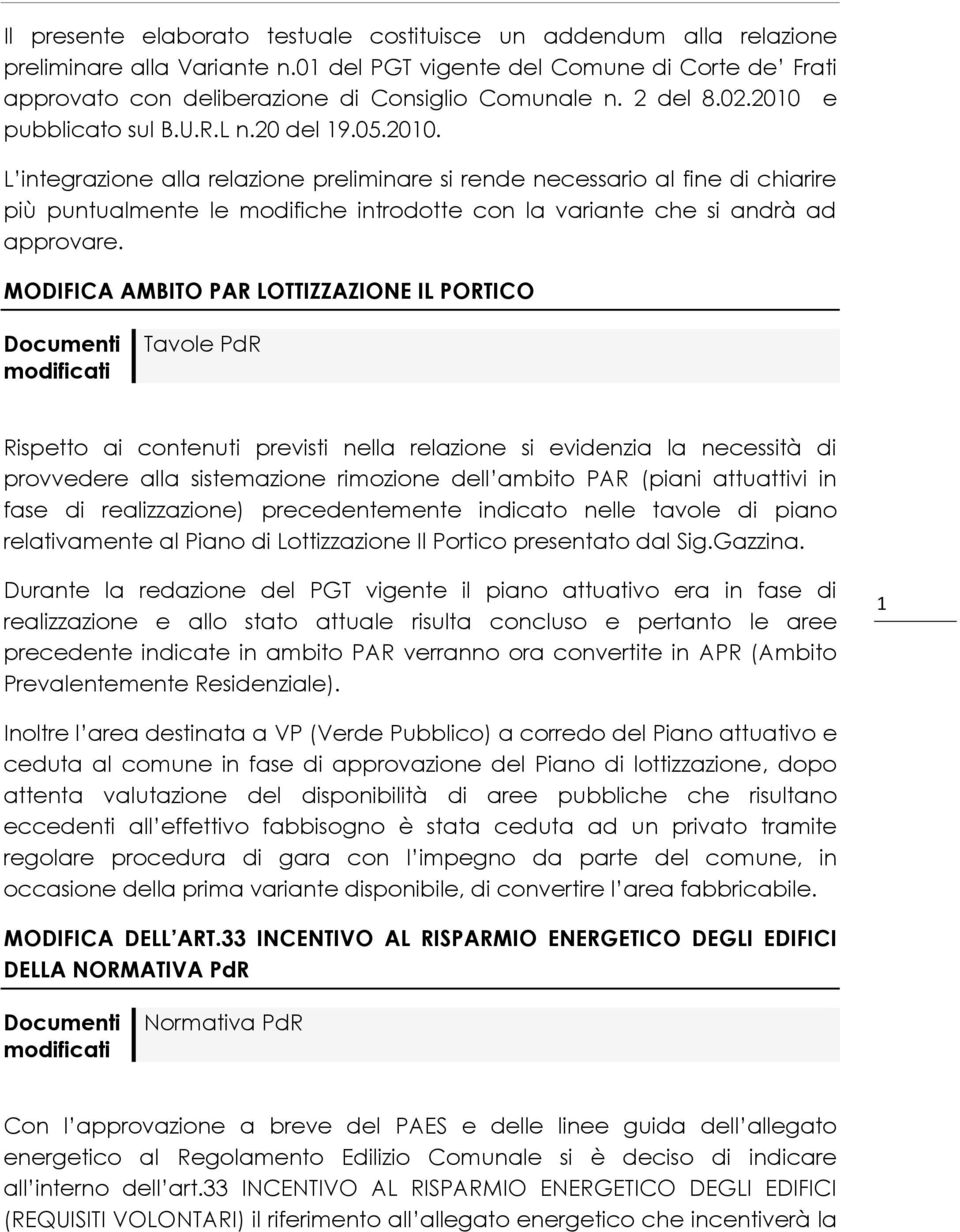 MODIFICA AMBITO PAR LOTTIZZAZIONE IL PORTICO Tavole PdR Rispetto ai contenuti previsti nella relazione si evidenzia la necessità di provvedere alla sistemazione rimozione dell ambito PAR (piani