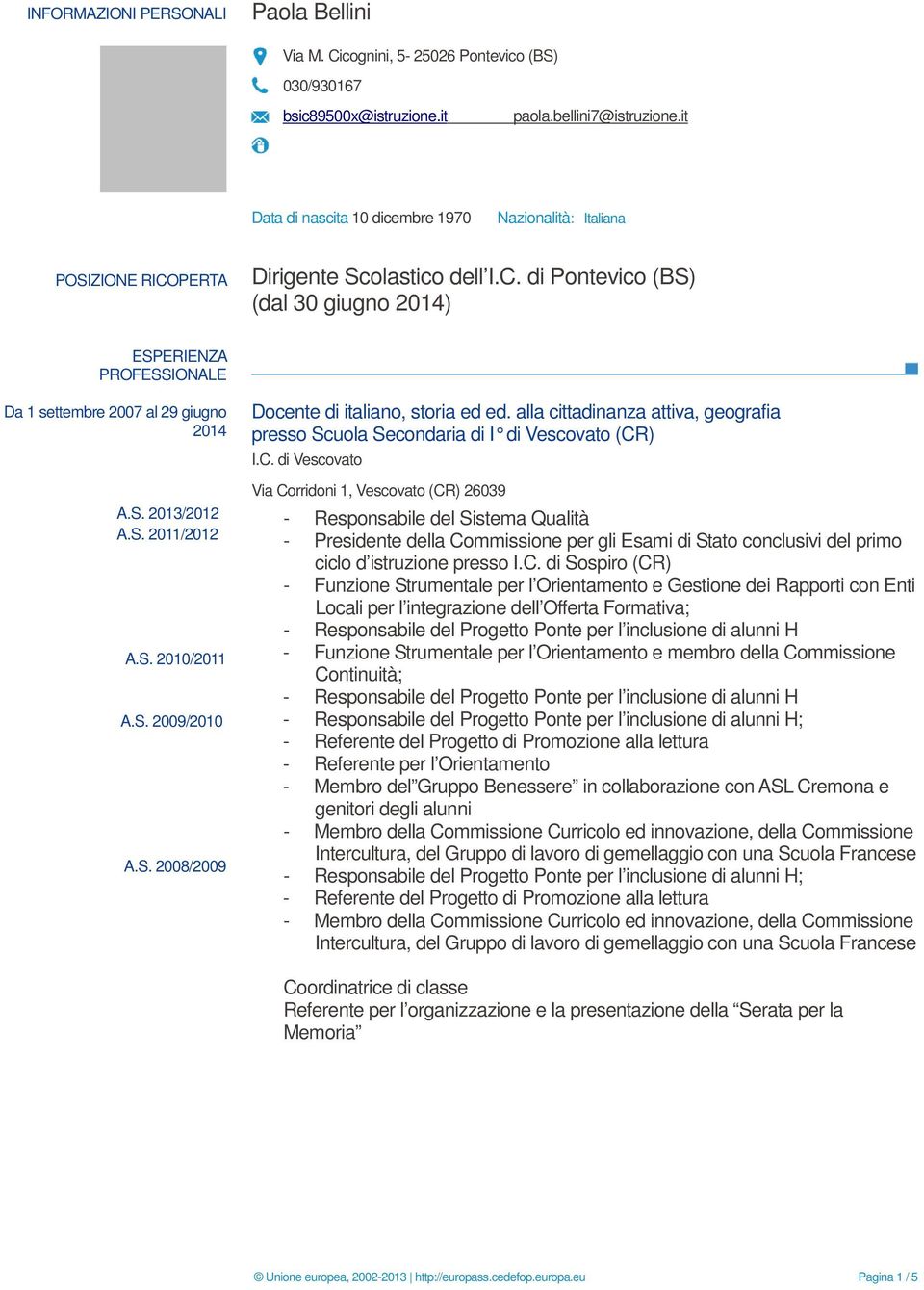 S. 2013/2012 A.S. 2011/2012 A.S. 2010/2011 A.S. 2009/2010 A.S. 2008/2009 presso Scuola Secondaria di I di Vescovato (CR