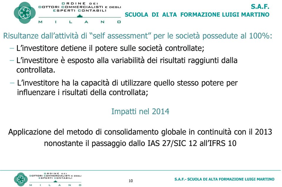 L investitore ha la capacità di utilizzare quello stesso potere per influenzare i risultati della controllata; Impatti