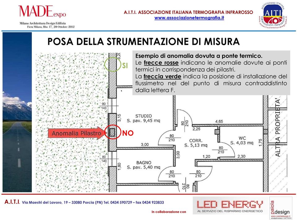 Le frecce rosse indicano le anomalie dovute ai ponti termici in