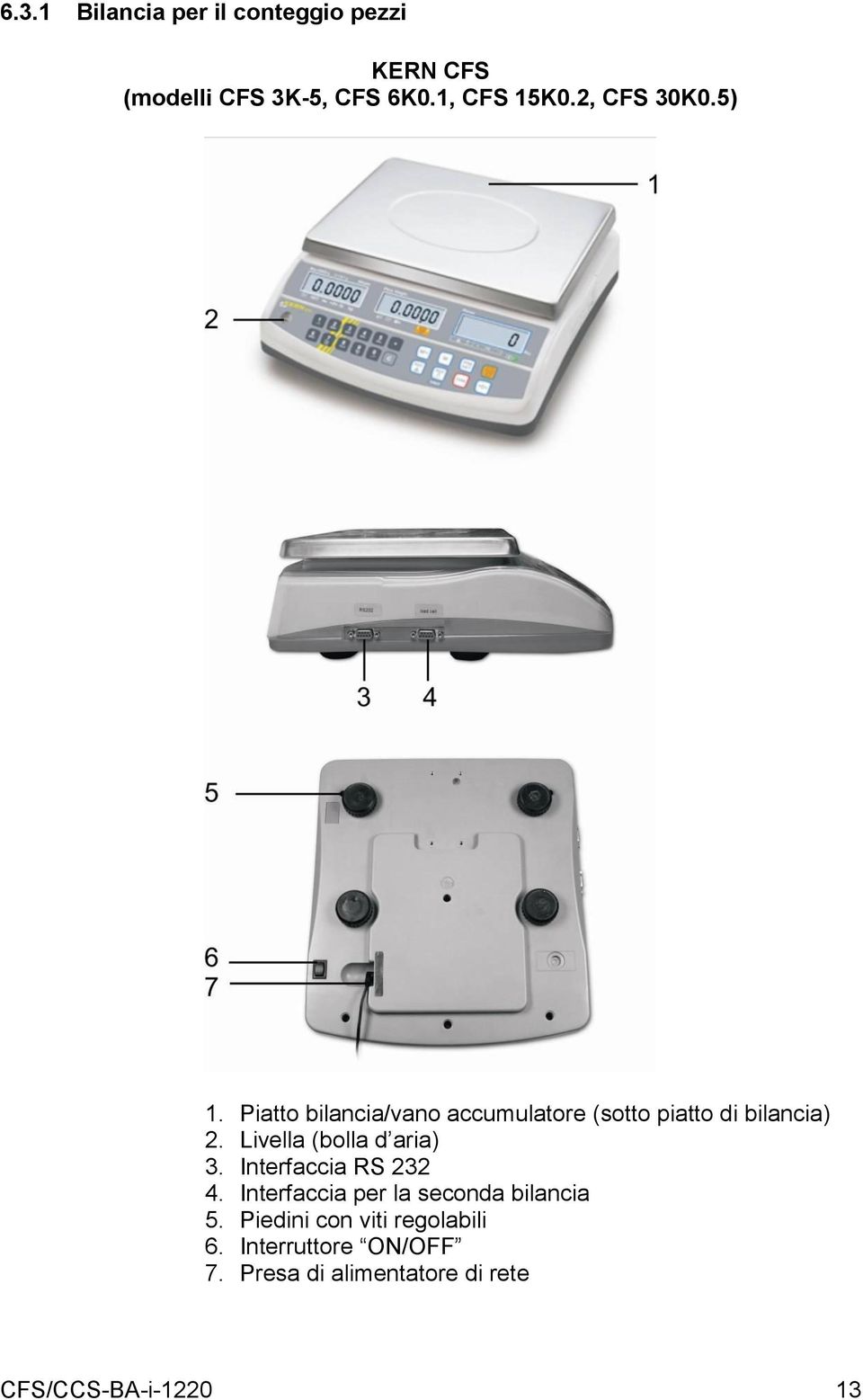 Livella (bolla d aria) 3. Interfaccia RS 232 4. Interfaccia per la seconda bilancia 5.