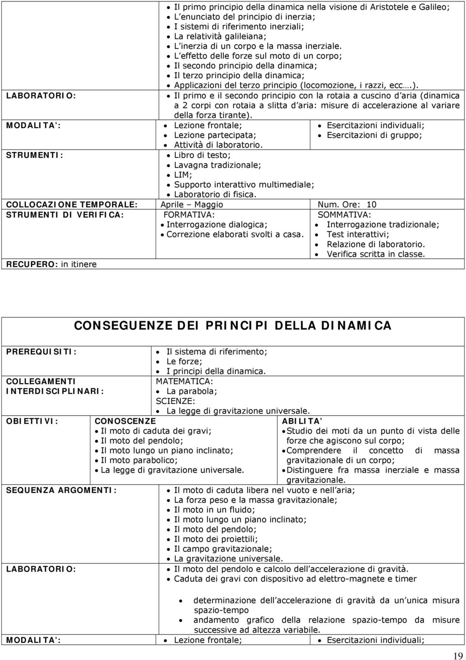 L effetto delle forze sul moto di un corpo; Il secondo principio della dinamica; Il terzo principio della dinamica; Applicazioni del terzo principio (locomozione, i razzi, ecc.).