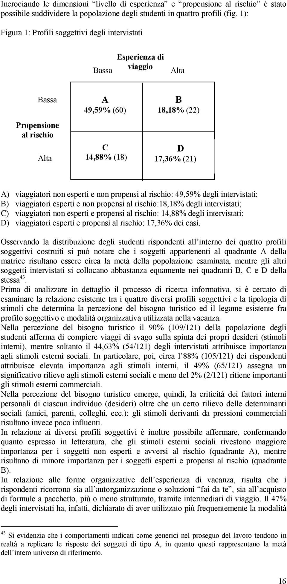 esperti e non propensi al rischio: 49,59% degli intervistati; B) viaggiatori esperti e non propensi al rischio:18,18% degli intervistati; C) viaggiatori non esperti e propensi al rischio: 14,88%