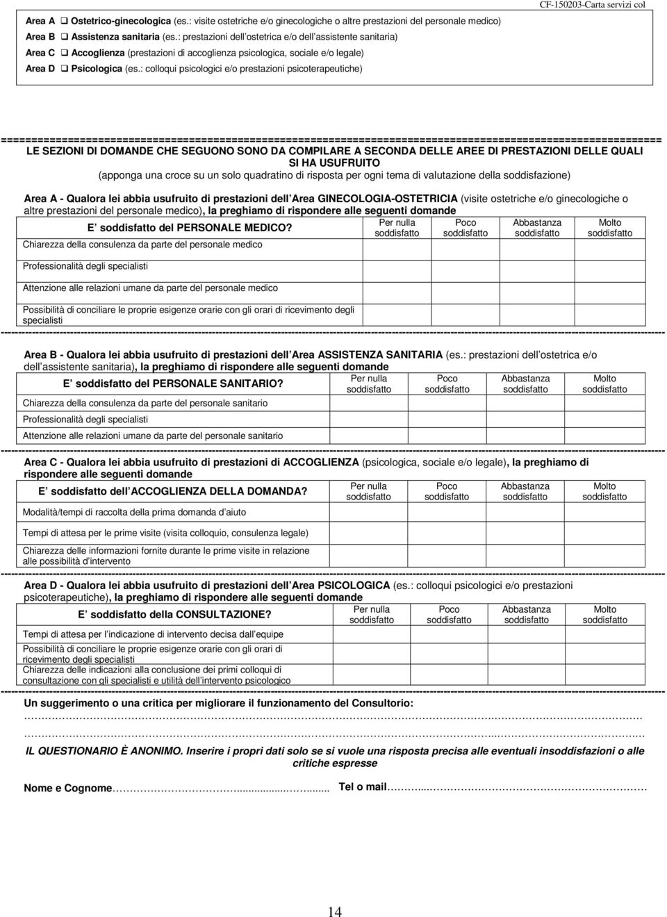 : colloqui psicologici e/o prestazioni psicoterapeutiche) ============================================================================================================= LE SEZIONI DI DOMANDE CHE